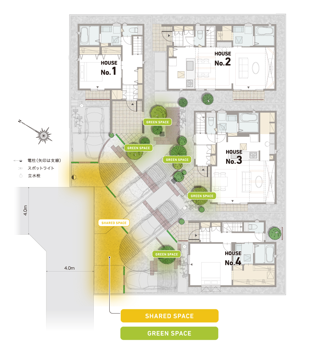 【開放的な広場と潤う緑、4家族のための緑園街区】