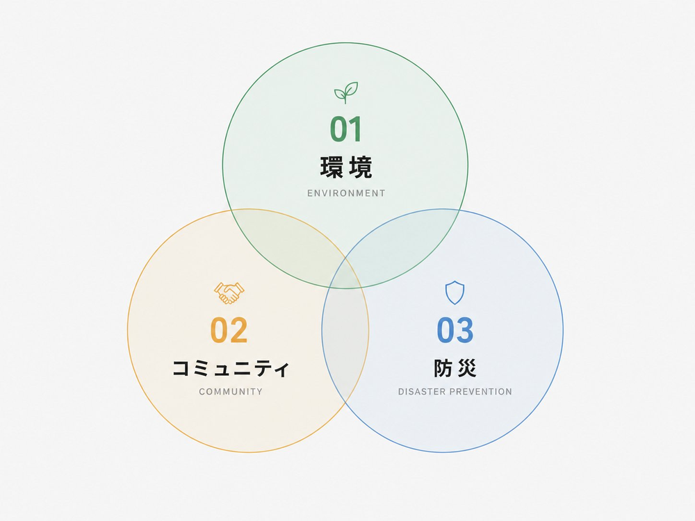 環境・コミュニティ・防災の3つが重なり合う図